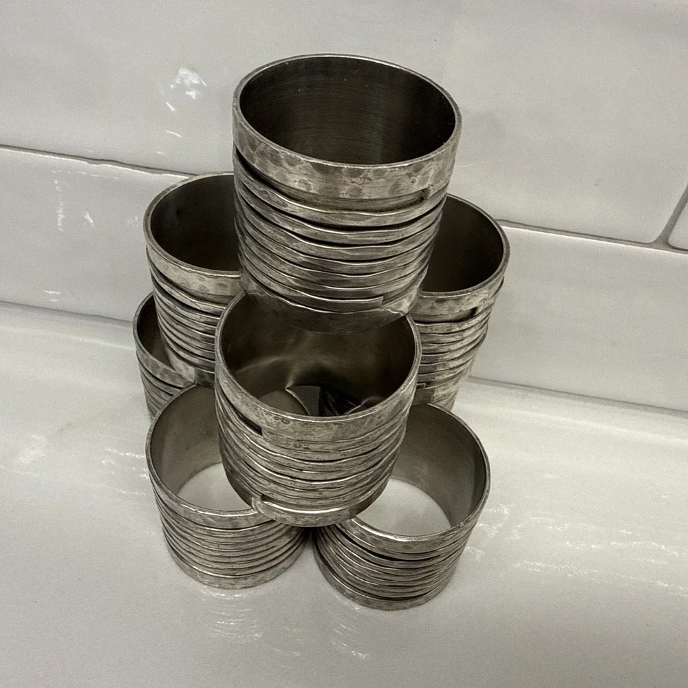 Vintage Brutalist Napkin Rings Set of 8 Pewter Tone Wrapped Coil Modernist